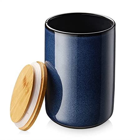 Photo 1 of ZONESUM Kitchen Canisters Ceramic Food Storage Jar, 50 FL OZ Coffee Containers with Airtight Seal Wooden Lid for Serving Coffee, Cocoa, Sugar, Salt, Cookie and More, Blue or Black
