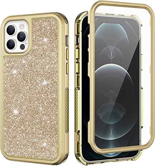 Photo 1 of 4PK-Ruky iPhone 12 Pro Case, iPhone 12 Glitter Full Body with Built-in Screen Protector Shiny Sparkle Bling Soft TPU+Hard PC Heavy Duty Shockproof Protective Women Girls Case for iPhone 12 & 12 Pro, Gold
