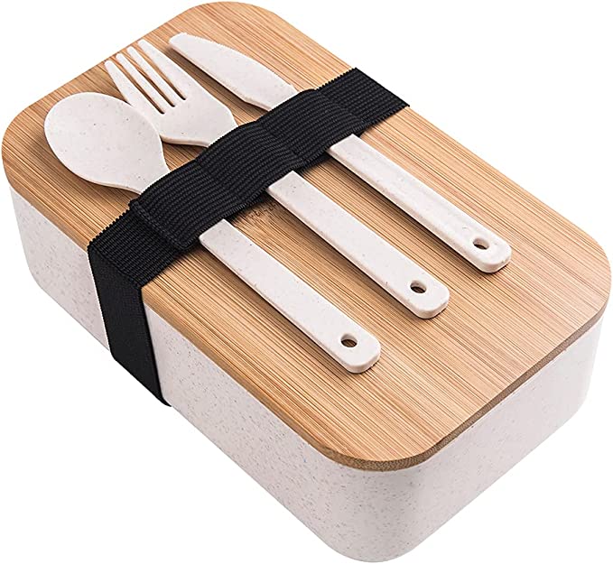 Photo 1 of 2PK-Bento Lunch Box with Bamboo Lid for Adults/Kids Lunch Container Includes Cutlery BPA-Free 20OZ (Beige)
