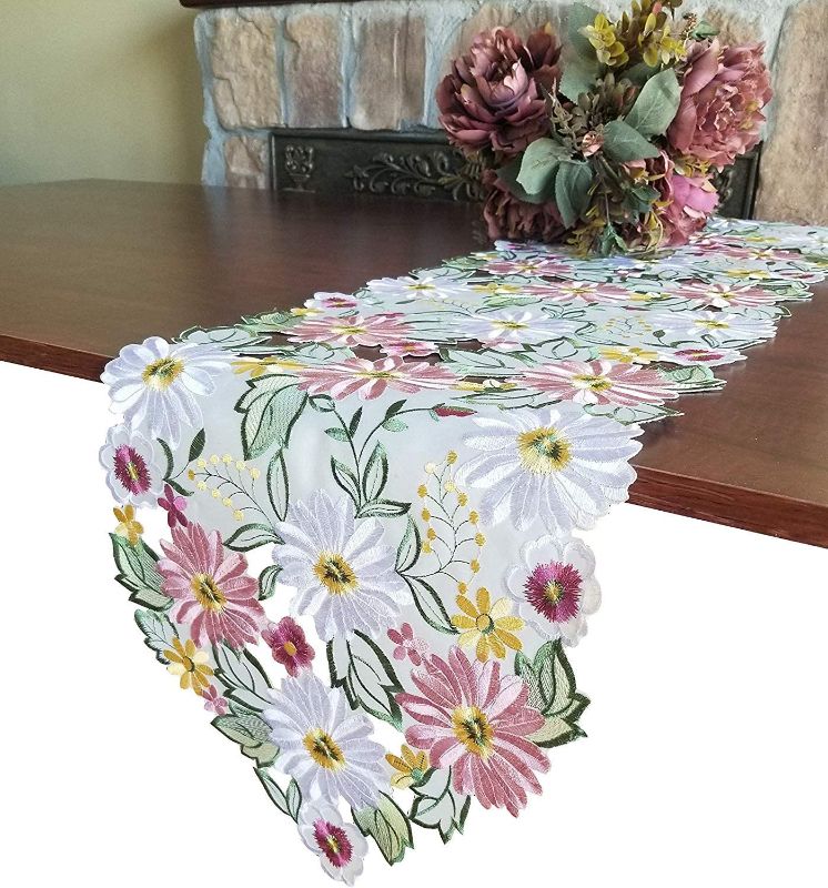 Photo 1 of 2 OF -Spring Table Runner 13"×54" Embroidered Flowery Applique Floral Daisy Cutwork Table Linen Home Kitchen Dining Tabletop Decoration
