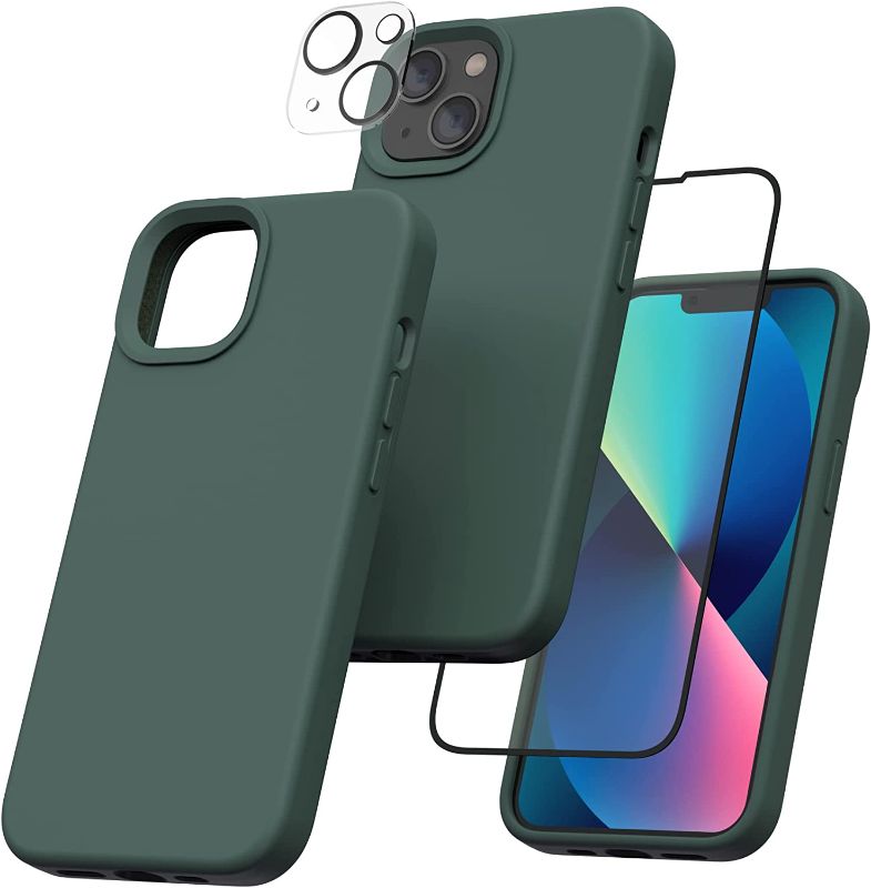 Photo 1 of 2 OF -POVRYE [3 in 1] Designed for iPhone 13 Case 6.1 Inch, with 1 Pack Screen Protector + 1 Pack Camera Lens Protector, Soft Liquid Silicone Ultra Slim Shockproof Cover Case [Anti-Scratch], Midnight Green
