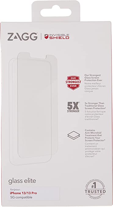 Photo 1 of ZAGG InvisibleShield Glass Elite Screen Protector for Apple iPhone 13 Pro (6.1 inch screen), 5X Shatter Protection, Anti-Microbial Treatment, Anti-Fingerprint Technology, Easy to Install
