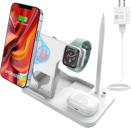 Photo 1 of Wireless Charging Station,20W Fast Wireless Charger, for iPhone 13/12/11/Pro,Max/Mini/Se(2/3)/X/Xs/Xr/Xs Max/8/8 Plus,iPhone Watch airpods Charging Station, Apple Pencil 1(White)
