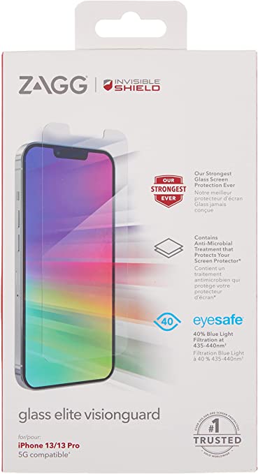 Photo 1 of ZAGG InvisibleShield Glass Elite VisionGuard Screen Protector for Apple iPhone 13 & 13 Pro (6.1 inch screen) , 5X Stronger, Blue-Light Protection, Anti-Fingerprint Technology, Easy to Install
