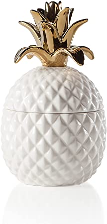 Photo 1 of *READ BELOW** Torre & Tagus Pineapple Ceramic Lidded Canister Gold Crown Lid Hawaiian Themed Home Decor Accent, Short, White Gold
