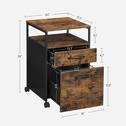 Photo 1 of VASAGLE Rolling File Cabinet, Mobile Office Cabinet on Wheels, with 2 Drawers, Open Shelf, for A4, Letter Size, Hanging File Folders, Industrial Style, Rustic Brown and Black UOFC71X
