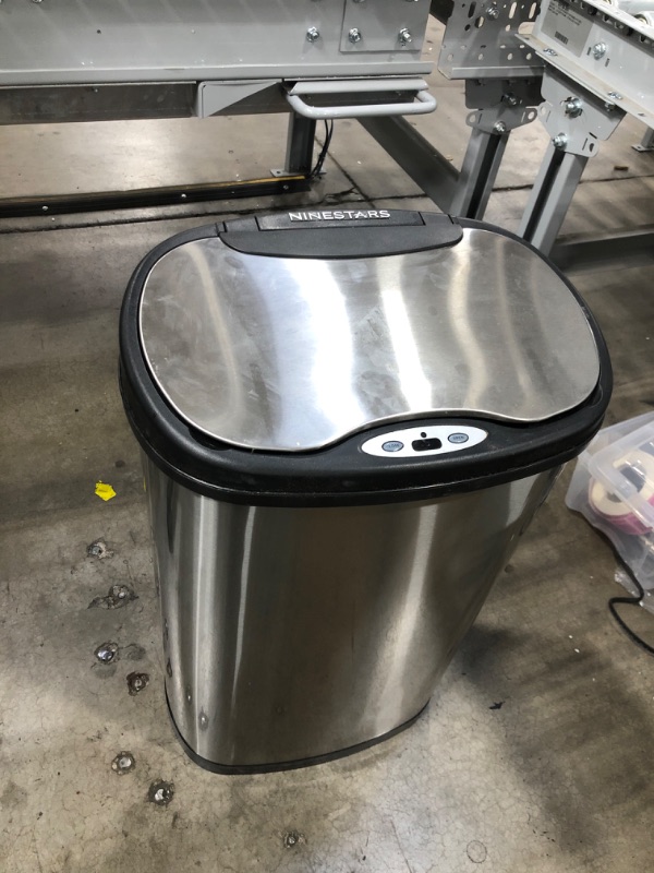 Photo 2 of **DAMAGED**
NINESTARS DZT-50-13R Automatic Touchless Infrared Motion Sensor Trash Can/Recycler, 13 Gal 50L, Stainless Steel Base (Oval, Black/Silver Lid)
