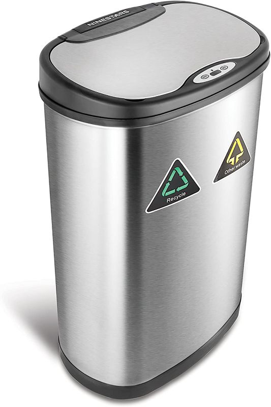 Photo 1 of **DAMAGED**
NINESTARS DZT-50-13R Automatic Touchless Infrared Motion Sensor Trash Can/Recycler, 13 Gal 50L, Stainless Steel Base (Oval, Black/Silver Lid)
