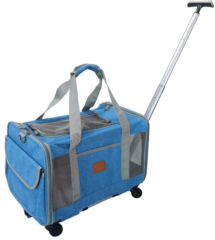 Photo 1 of **INCOMPLETE**
 Soft-Sided Carriers Airline Approved Cat Carrier Stroller Dog Travel Bag with Removable Wheels and Trolley Collapsible for Small Medium Pet (Blue) 
