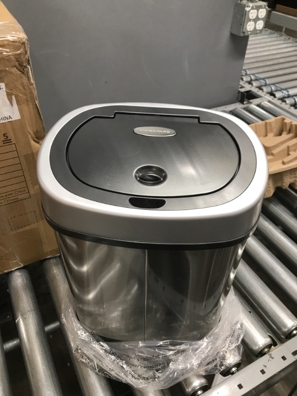 Photo 2 of **NOT FUNCTION**
NINESTARS DZT-12-9 Automatic Touchless Infrared Motion Sensor Trash Can, 3 Gal. 12 L., Stainless Steel (Oval, Silver/Black Lid)
