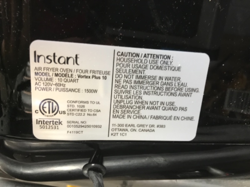 Photo 4 of **INCOMPLETE**
Instant Vortex Plus 10 Quart Air Fryer, Rotisserie and Convection Oven, Air Fry, Roast, Bake, Dehydrate and Warm, 1500W, Stainless Steel and Black

