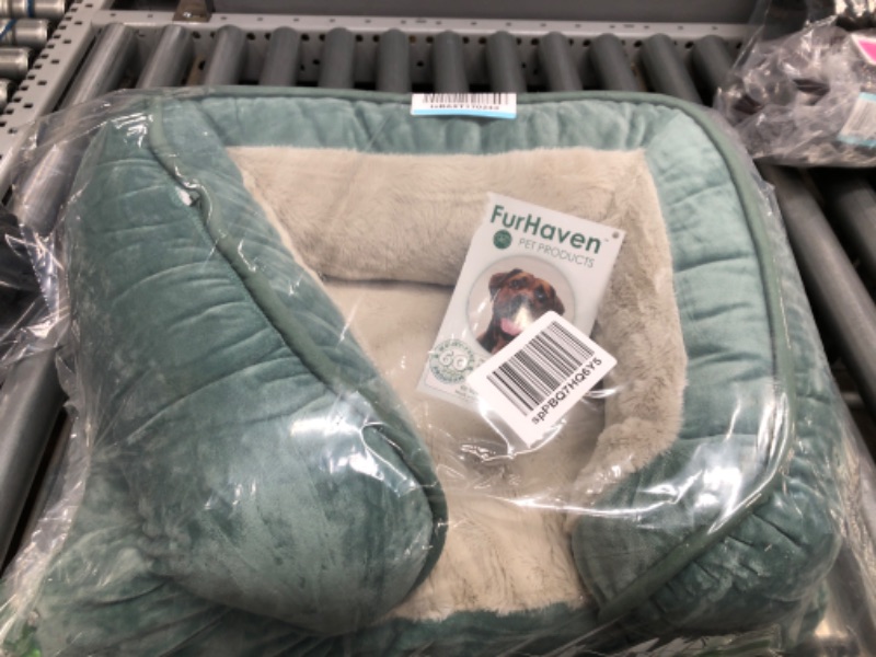 Photo 2 of **DAMAGED**
Furhaven Pet Bundle - Small Celadon Green Orthopedic Plush & Velvet Waves Perfect Comfort Sofa, Extra Dog Bed Cover, & Water-Resistant Mattress Liner for Dogs & Cats (Small)
