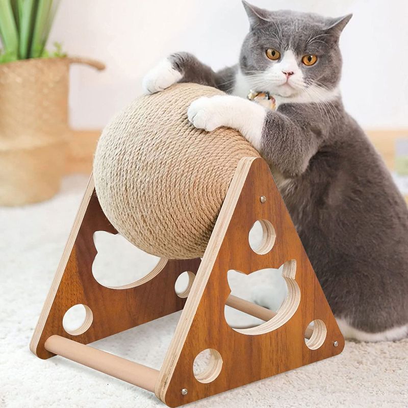 Photo 1 of  Cat Scratcher Toy, Natural Sisal Cat Scratching Ball, Cat Scratcher Toy with Ball, Scratching Ball for Cats and Kittens, Interactive Solid Wood Scratcher Pet Toy