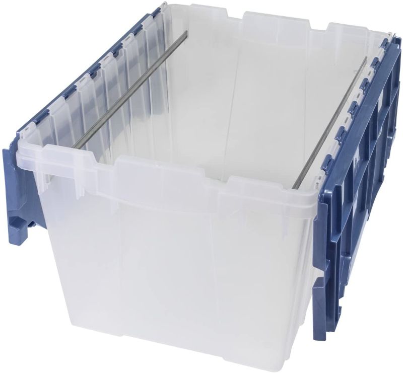 Photo 1 of **DAMAGED**
Akro-Mils Plastic Storage Container 12 Gallon KeepBox File Box with Hinged Attached Lid and Rails for Hanging File Folders, 66486FILEB, (21-Inch L by 15-Inch W by 12-Inch H), Clear/Blue
