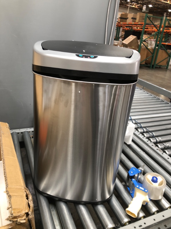 Photo 1 of 13 Gallon SensorCan KitchenTrash Can with Odor Filter, Stainless Steel, Oval Shape, Sensor-Activated Lid Garbage Bin for Home, Office, Slim Space-Saving, Battery & AC Adapter not included
