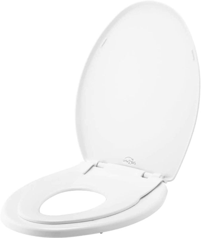 Photo 1 of **DAMAGED**
Little2Big 181SLOW 000 Toilet Seat with Built-In Potty Training Seat, Slow-Close, and will Never Loosen, ELONGATED, White
