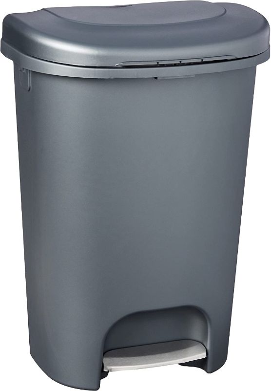Photo 1 of **DAMAGED & INCOMPLETE**
Rubbermaid Classic 13 Gallon Premium Step-On Trash Can with Lid and Stainless-Steel Pedal, Gunmetal Blue Waste Bin for Kitchen, NEW Premium Step-On
