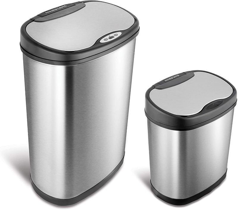 Photo 1 of **BIGGER CAN HAS A BIG DENT AT THE BOTTOM ** NINESTARS CB-DZT-50-13/12-13 Automatic Touchless Infrared Motion Sensor Trash Can Combo Set, 13 Gal 50L & 3 Gal 12L, Stainless Steel Base (Oval, Silver/Black Lid)
