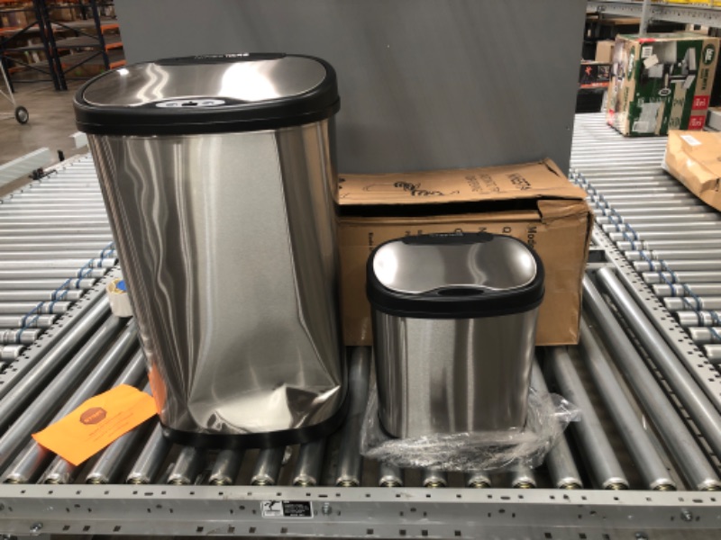 Photo 2 of **BIGGER CAN HAS A BIG DENT AT THE BOTTOM ** NINESTARS CB-DZT-50-13/12-13 Automatic Touchless Infrared Motion Sensor Trash Can Combo Set, 13 Gal 50L & 3 Gal 12L, Stainless Steel Base (Oval, Silver/Black Lid)
