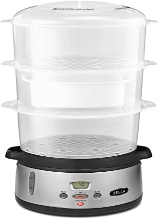 Photo 1 of BELLA 9.5 QT Triple Tier Digital Food Steamer, Healthy Fast Simultaneous Cooking, Stackable Baskets for Vegetables or Meats, Rice/Grains Tray, Auto Shutoff & Boil Dry Protection, Stainless Steel 12.51 x 9.25 x 16.06 inches

