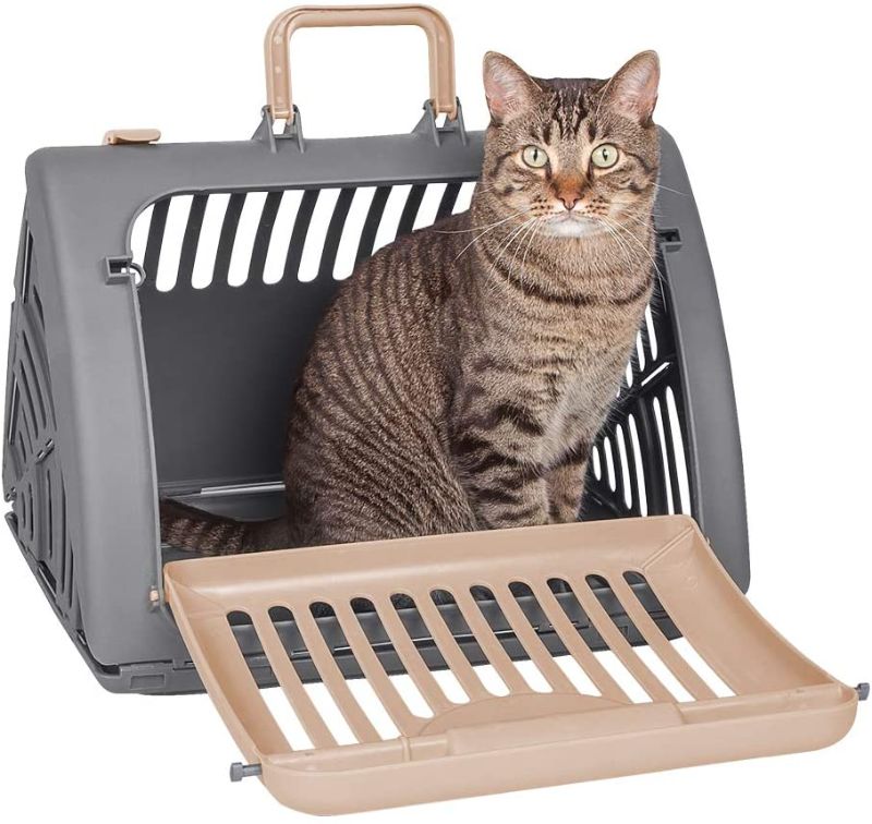 Photo 1 of -LOCKS ARE BROKEN
 Designs Foldable Travel Cat Carrier - Front Door Plastic Collapsible Carrier, Gray and Tan, Medium (Pack of 1)
