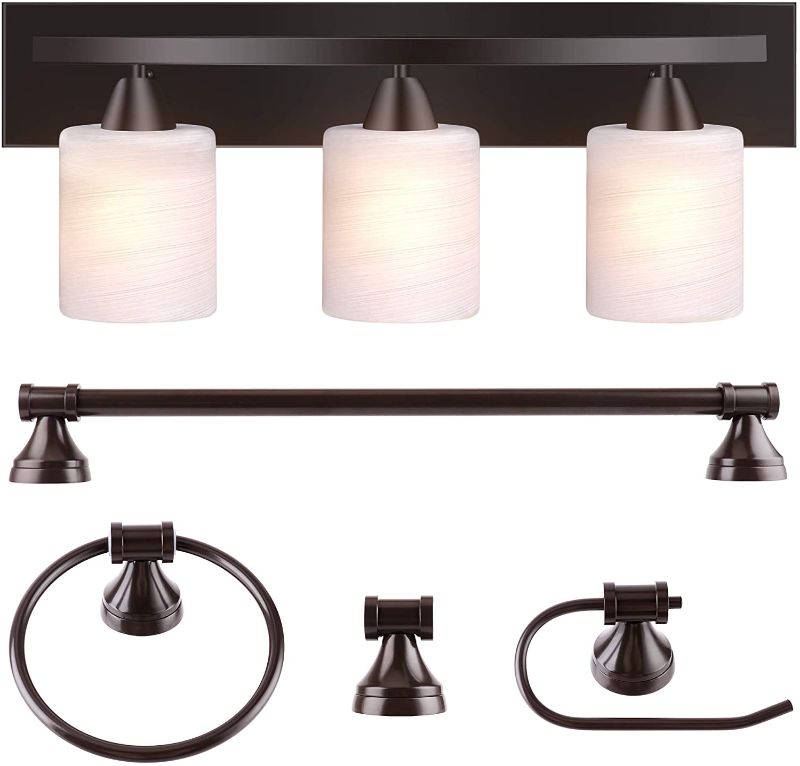 Photo 1 of 3-Light Bathroom Vanity Light Fixture, 5 Piece All-in-One Bath Sets, Bar, Towel Ring, Robe Hook, Toilet Paper Holder, Brown Finish with White Frosted Glass Vanity Light by PARTPHONER
