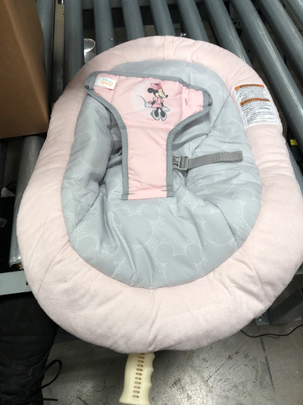 Photo 2 of Bright Starts Minnie Mouse Rosy Skies Baby Bouncer with Vibrating Infant Seat, Music & 3 Playtime Toys, 23x19x23 Inch (Pink)
