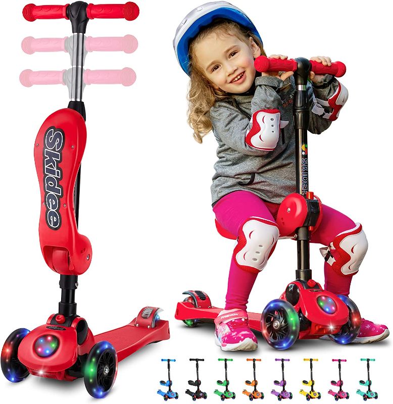 Photo 1 of Kick Scooters for Kids Ages 3-5 (Suitable for 2-12 Year Old) Adjustable Height Foldable Scooter Removable Seat, 3 LED Light Wheels, Rear Brake, Wide Standing Board, Outdoor Activities for Boys/Girls
