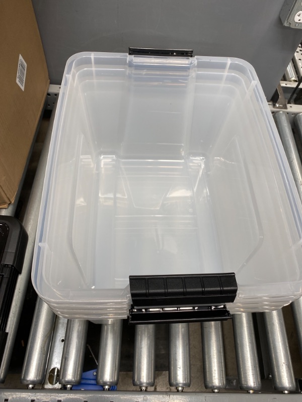 Photo 2 of IRIS USA Plastic Bins, Stackable Storage Container with Secure Latching Buckles Lid, 40 Qt, Clear/Black, 4 Count, INNER DIMENSION: 14" x 11.5" x 10.63"