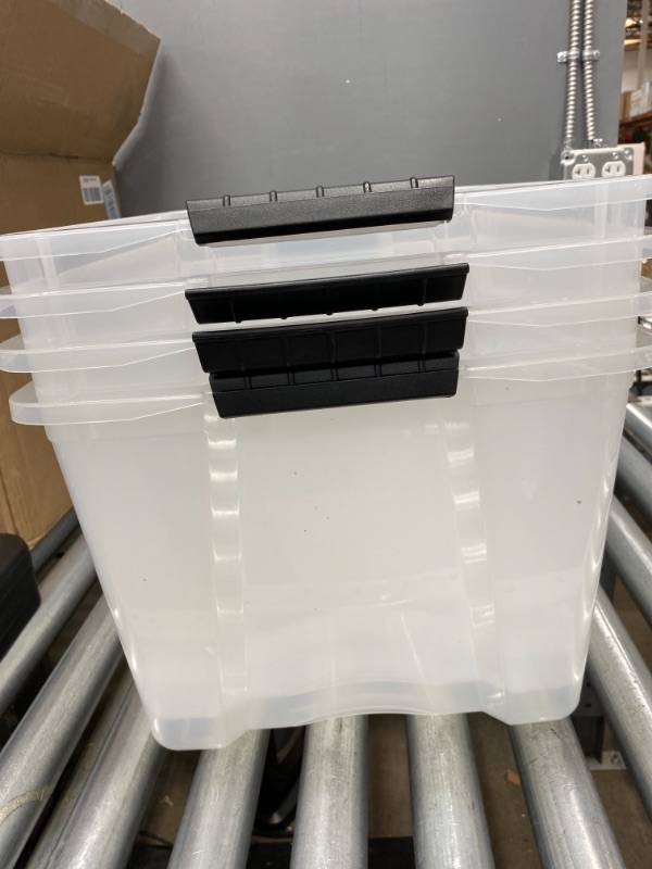 Photo 3 of IRIS USA Plastic Bins, Stackable Storage Container with Secure Latching Buckles Lid, 40 Qt, Clear/Black, 4 Count, INNER DIMENSION: 14" x 11.5" x 10.63"