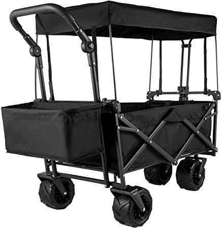 Photo 1 of Happbuy Extra Large Collapsible Garden Cart with Removable Canopy, Folding Wagon Utility Carts with Wheels and Rear Storage, Wagon Cart for Garden, Camping, Grocery Cart, Shopping Cart, Black