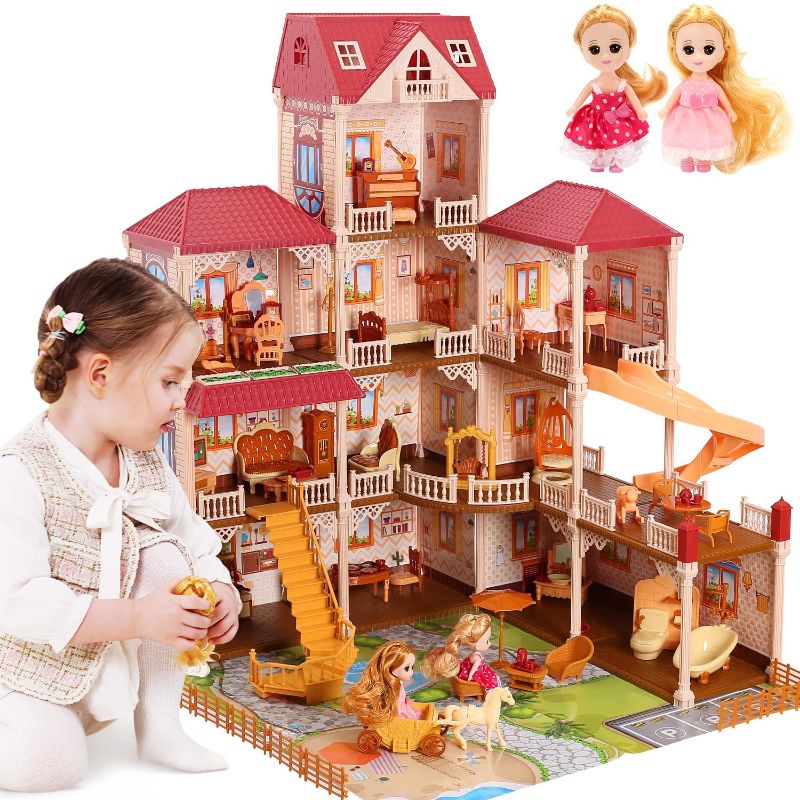 Photo 1 of CUTE STONE 11 Rooms Huge Dollhouse with 2 Dolls and Colorful Light, 34" x 32" x 28" Doll House Gift for Girls
