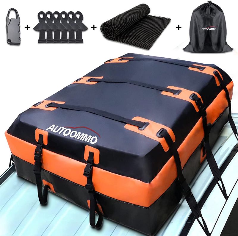 Photo 1 of  AUTOOMMO Car Rooftop Cargo Carrier Bag, 15 Cubic Feet Roof Rack Cargo Bag Box, Anti-Tear Waterproof Car Top Carrier for Cars SUV with/Without Car Racks-Storage Bag, Anti-Slip Mat, 6 Door Hooks
