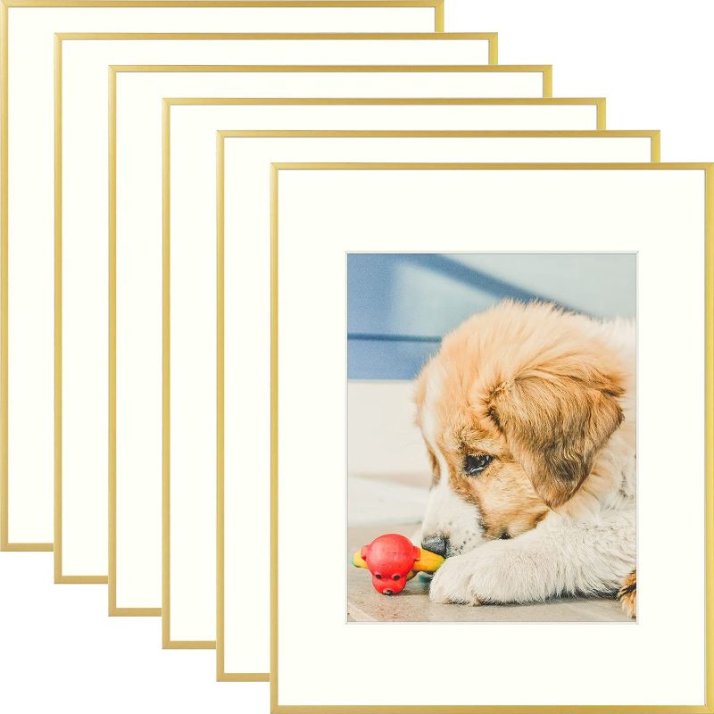 Photo 1 of  16x20 Aluminum Picture Frame Set of 6, Made to Display Pictures 11x14 with Mat or 16x20 Without Mat, Wall Gallery Metal Photo Frames (Real Glass, Gold)
