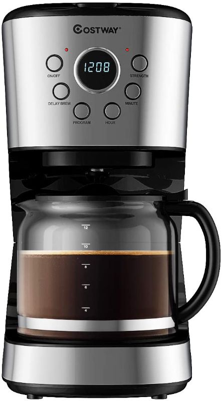 Photo 1 of COSTWAY 12-Cup Coffee Maker, Programmable Brew Machine with LCD Display, Removable Mesh Filter, Warming Plate, Anti-drip System, Sprinkler Head, with 1.8L Glass Carafe and Spoon, Stainless Steel
