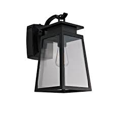 Photo 1 of 1-Light Black Outdoor Wall Coach Light Sconce with Integrated GFCI and Dusk-to-Dawn Sensor