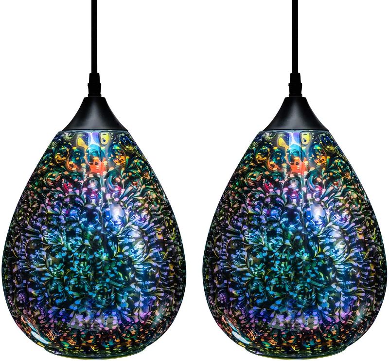 Photo 1 of 3D Glass Pendant Light, Modern Kitchen Pendant Lighting with Colored Hammered Shade, 3D Reflection Glass Hanging Pendant Ceiling Light Fixture for Living Room Bedroom Island Bar, 8in Chrome,2 Pack
