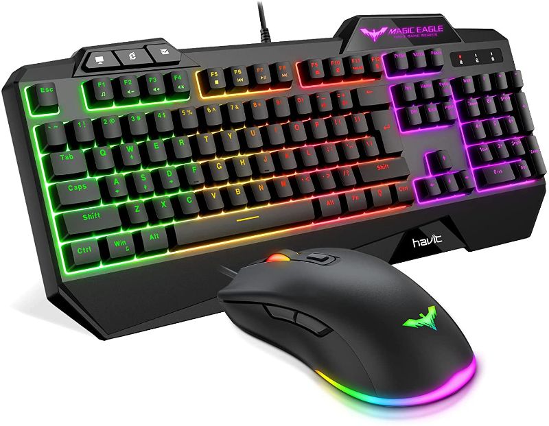 Photo 1 of havit Wired Gaming Keyboard Mouse Combo LED Rainbow Backlit Gaming Keyboard RGB Gaming Mouse Ergonomic Wrist Rest 104 Keys Keyboard Mouse 4800 DPI for...
