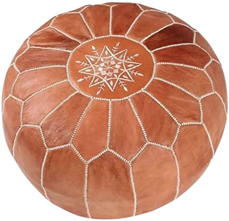 Photo 1 of Pur Delux Moroccan Leather Ottoman Pouf Cover - Round & Large Leather Ottoman for Bedroom - Living Room Boho Decor - Unstuffed, Light Brown
