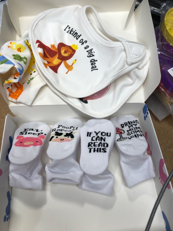 Photo 2 of Baby Gift Set for Baby Boys & Girls – Newborn Baby Socks, Baby Bibs, Baby Hat – Cute and Funny Baby Shower Gifts, Baby Items, Unisex Newborn Baby Clothes, Baby Registry Search
