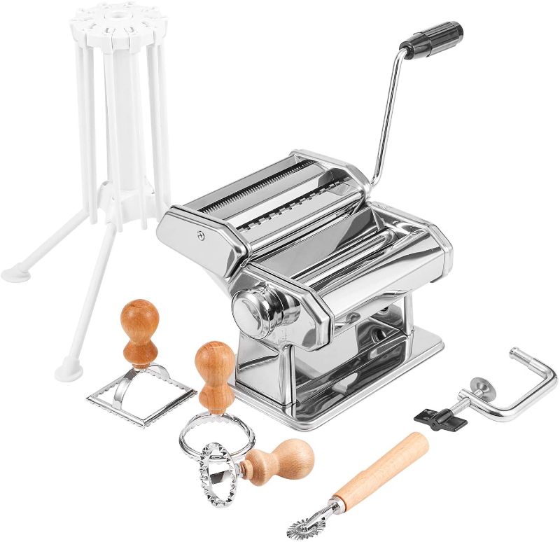 Photo 1 of VWMYQ MJM Pasta Maker, Pasta Machine Set, Pasta Roller with Hand Crank, Attachment for Spaghetti, Tagliatelle, Fettuccine, Ravioli Stamp Cutter and Drying Rack included, 9 Thickness Settings
