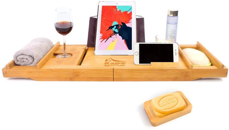 Photo 1 of **REFERENCE PHOTO NOT EXACT** Bamboo Bathtub Caddy Tray Expandable Bath Tub Tray with Book and Wine Holder, Soap Dish, Phone Slot, Luxury Bath Table for Any Tub Bath