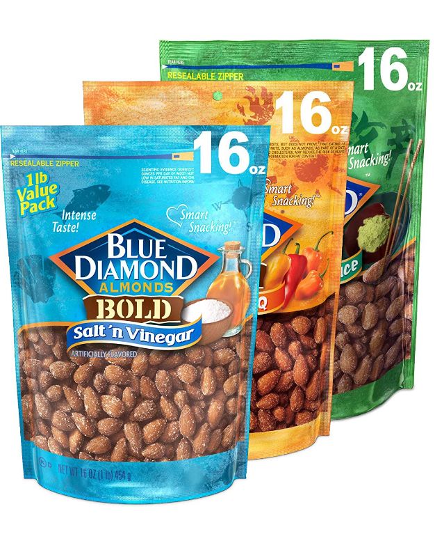 Photo 1 of **EXPIRED 05/19/2022** Blue Diamond Almonds Bold Variety Pack - Salt N' Vinegar, Habanero BBQ, and Wasabi & Soy Sauce Flavored Snack Nuts, 16 Oz Resealable Bags (Pack of 3) **SOLD AS IS, NO RETURNS** 
