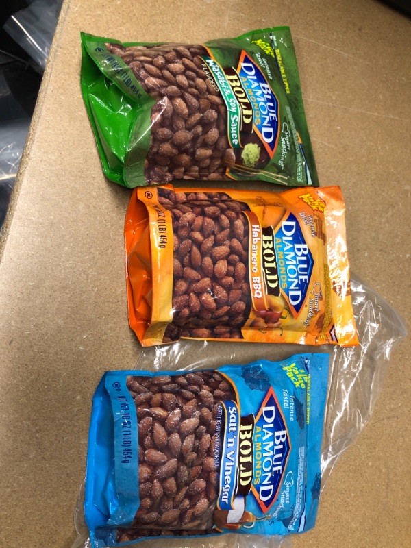 Photo 2 of **EXPIRED 05/19/2022** Blue Diamond Almonds Bold Variety Pack - Salt N' Vinegar, Habanero BBQ, and Wasabi & Soy Sauce Flavored Snack Nuts, 16 Oz Resealable Bags (Pack of 3) **SOLD AS IS, NO RETURNS** 
