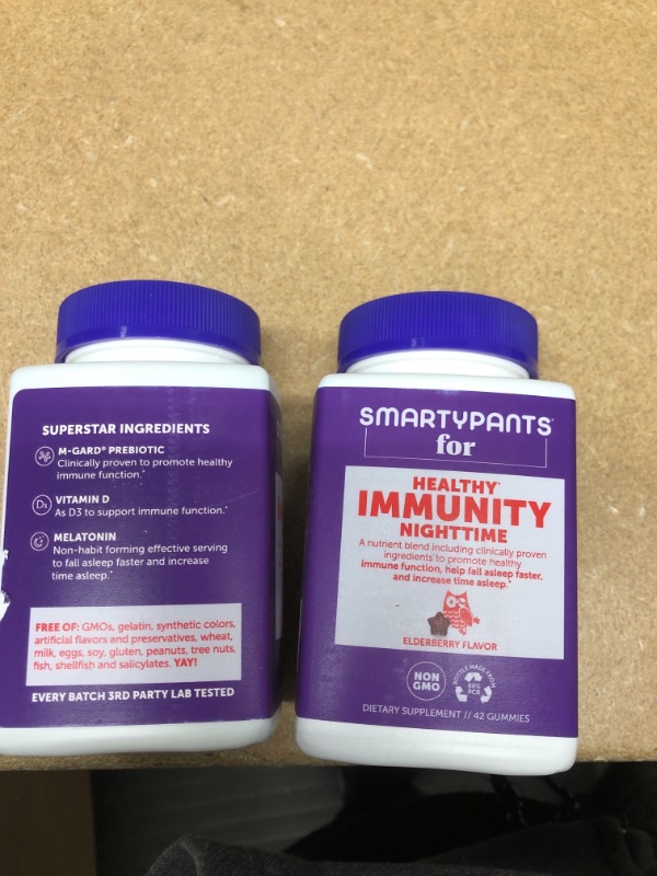 Photo 2 of **EXPIRE 03/01/22** 2 PACKS OF- SmartyPants Adult Nighttime Immunity Formula Daily Gummy Vitamins: Melatonin for Sleep; Vitamins C, D, & Zinc for Immunity; Probiotics & Prebiotics; 2 bil CFU; Elderberry Flavor, 42 Ct (21 Day Supply)**SOLD AS IS, NO RETURN