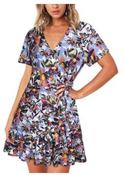 Photo 1 of GOOTUCH Women's Dresses Short Sleeve V Neck Sexy Wrap Floral Print Casual Mini Sun Beach Dresses (M) **NOT REFUNDABLE, SOLD AS IS**
