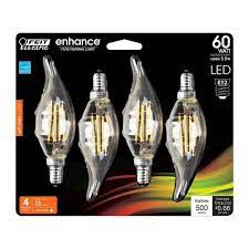 Photo 1 of 2 PACKS Feit Electric
60-Watt Equivalent CA10 Candelabra Dimmable Filament CEC Clear Chandelier E12 LED Light Bulb, Soft White 2700K (4-Pack)*** MISSING 1 BULB***