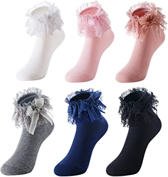 Photo 1 of Hiwasoka Little Girls Double Lace Ruffle Frilly Socks Sweet Lace Top Spring Dress Socks (Pack of 6)
