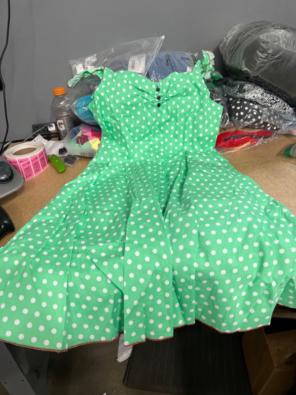 Photo 1 of GREEN DRESS WITH WHITE DOTS AND BUTTONS, WITH RED EMBROIDERY OFF THE SHOULDERS
SIZE XL