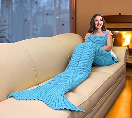 Photo 1 of Catalonia Mermaid Tail Sherpa Blanket, Super Soft Warm Comfy Sherpa-Lined Knit Mermaids with Non-Slip Neck Strap, for Girls Women Adults Teens Birthday Blue
